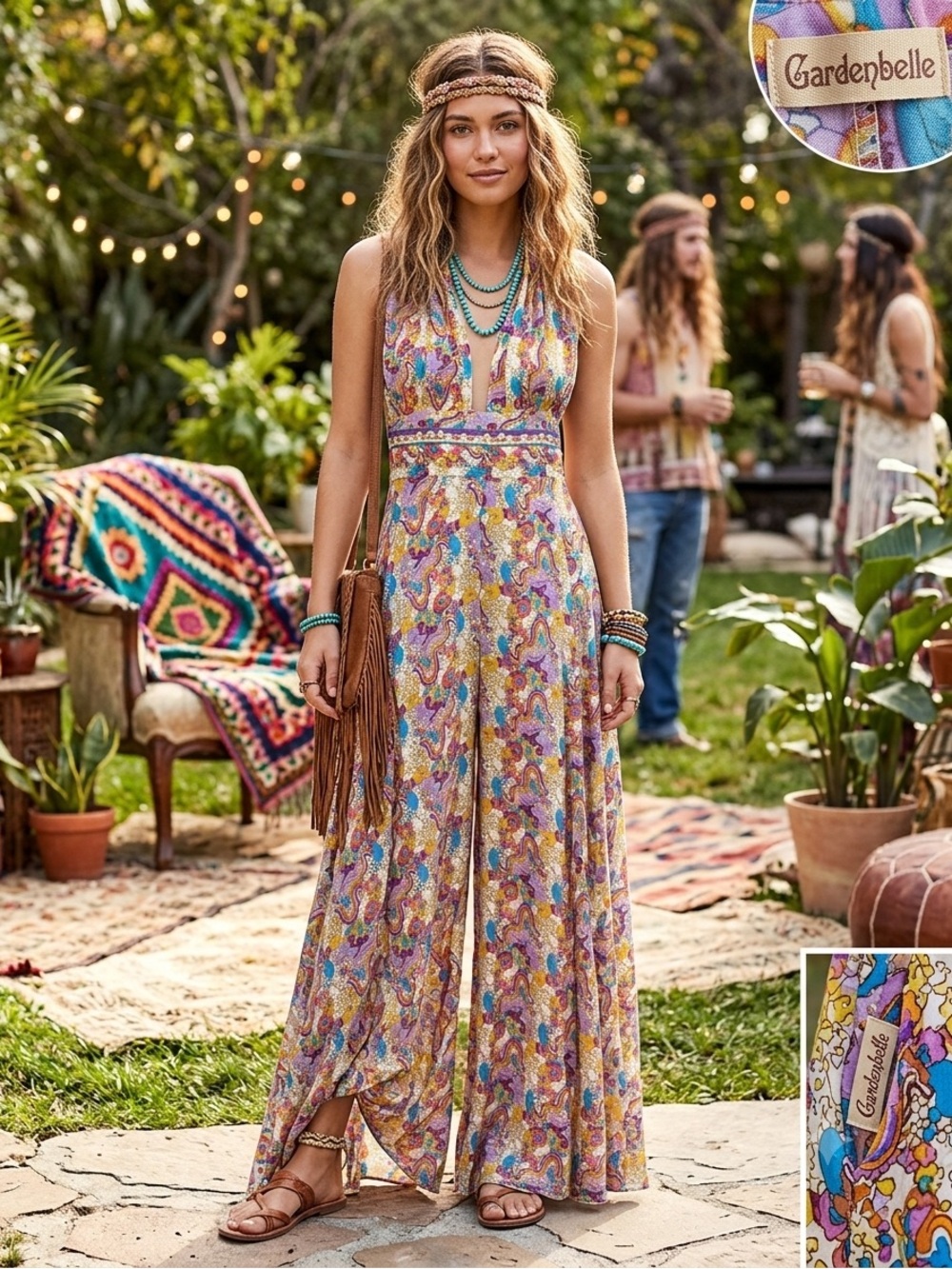 Gardenbelle Fiona Halter Silk Jumpsuit Hippie Paisley Boho, L/XL